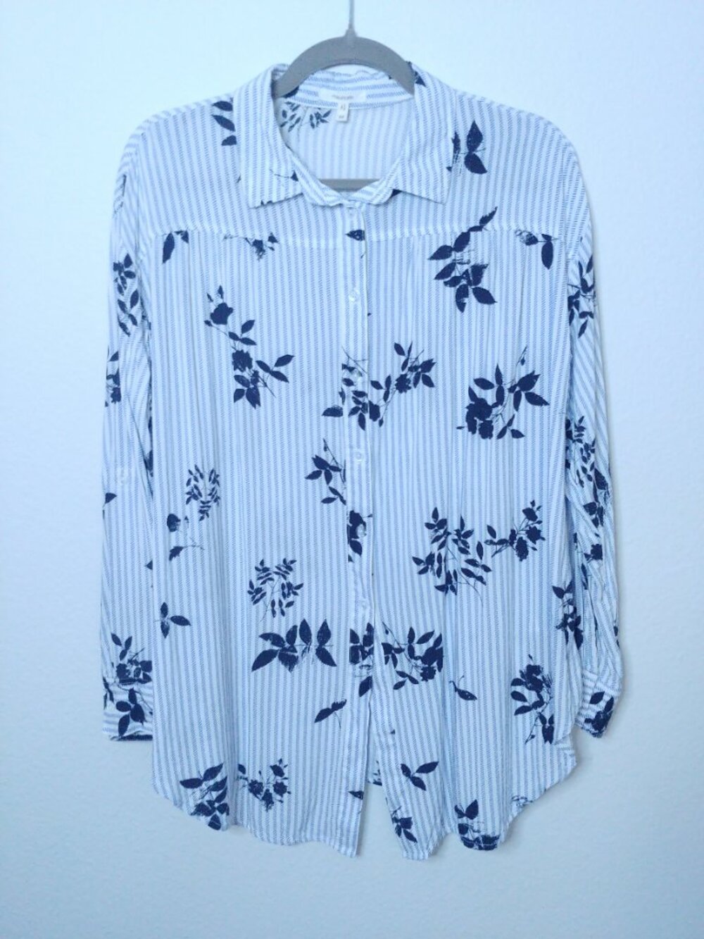 Maurices Blue and White Striped Floral Button-Up Shirt